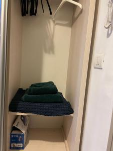 a closet with a green towel on a shelf at Fancy Studio in Bucharest