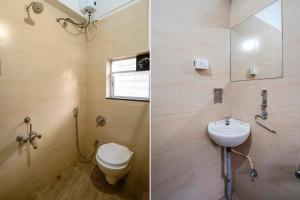 2 immagini di un bagno con servizi igienici e lavandino di FabHotel Saubhagya Elite a Nashik