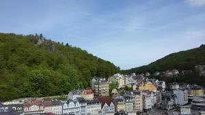 un grupo de edificios en una colina con una ciudad en Fantasy, en Karlovy Vary