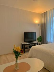 Damso stay في سول: غرفة بها سرير وتلفزيون وطاولة بها زهور
