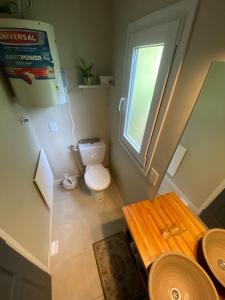 a small bathroom with a toilet and a table at Amapola Tiny House in San Carlos de Bariloche