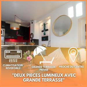a poster of a kitchen and a living room at Le Bobillot By ApiRent #Central #Terrasse #Wifi #Clim in Cannes