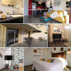 eine Collage mit Fotos von einer Küche und einem Wohnzimmer in der Unterkunft Le Bobillot By ApiRent #Central #Terrasse #Wifi #Clim in Cannes