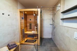 a bathroom with a shower and a glass shower stall at Biohof Döbler Ferienwohnungen in Brackenheim