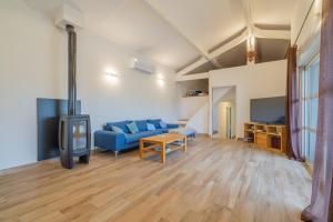 罗科福尔拉贝杜勒ღ Charmante villa avec piscine的客厅配有蓝色的沙发和燃木炉。