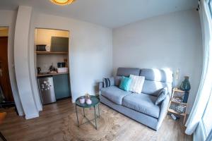 a living room with a blue couch and a table at Studio cosy - Espace extérieur et proche du centre in Annecy