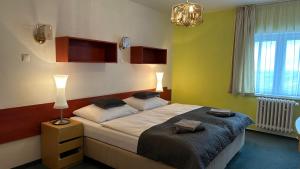 sypialnia z łóżkiem z dwoma ręcznikami w obiekcie Hotel Pod Vlekem w mieście Loučná pod Klínovcem