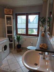 een badkamer met een wastafel en een wasmachine bij Ferienwohnung zur Alten Brauerei, free Wi-Fi+Parken, 3 Schlafzimmer, Grillecke in Lehesten