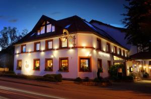 a large white building with lights on it at night at Hotel Schwanen in Kehl am Rhein