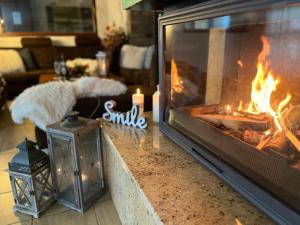 a fireplace in a living room with fire in it at Wellness Villa Liptov in Žiar