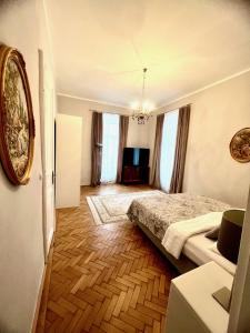 Luxuriöse Appartements in Wienerwald Residenz في بادن: غرفة نوم فيها سرير وتلفزيون