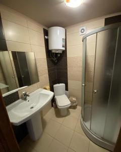 W łazience znajduje się umywalka, toaleta i prysznic. w obiekcie Котеджне містечко Мацеста 