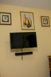 a flat screen tv hanging on a wall with vases at Windbreak Villa in Buff Bay