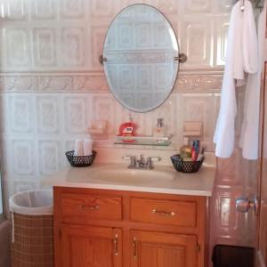 uma casa de banho com um lavatório e um espelho em Windbreak Villa em Buff Bay