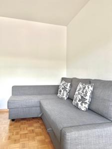 um sofá cinzento com duas almofadas num quarto em Appartamento per 4 persone em Rudolfstetten