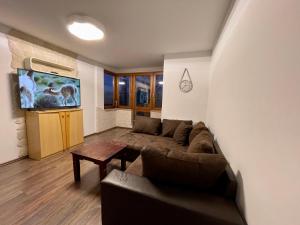 ein Wohnzimmer mit einem Sofa und einem Tisch in der Unterkunft Wunderschönes Apartment in der Goldstadt Pforzheim in Pforzheim