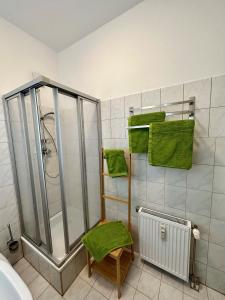 a bathroom with a shower and green towels at Victoria Apartment in Chemnitz +16 photos