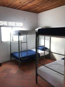 JaguaにあるRiverMan Hostel, Tourism and Friendsの二段ベッド2台と窓が備わる客室です。