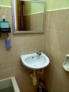 een badkamer met een wastafel, een spiegel en een bad bij JAMSYIR HOMESTAY BAJET in Pendang