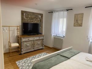 1 dormitorio con TV en una cómoda de madera en Ferienhaus Burgblick in Stadtschlaining, en Stadtschlaining