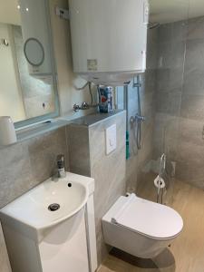 une salle de bain avec un lavabo blanc et des toilettes dans l'établissement Tivat lovely cosy studio, à Tivat