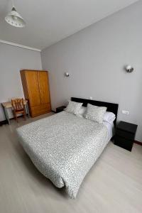 a bedroom with a bed with a black and white comforter at Hostal Conde De Alba in Madrid