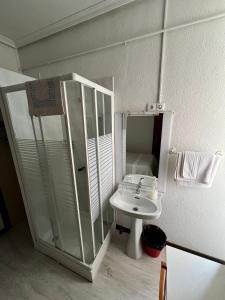 een kleine badkamer met een wastafel en een spiegel bij Hostal Conde De Alba in Madrid
