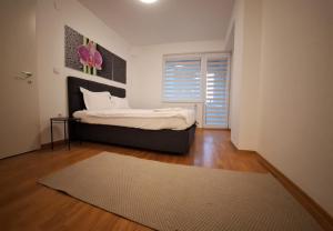 1 dormitorio con 1 cama con alfombra y ventana en Modern Living Apartments, en Skopje