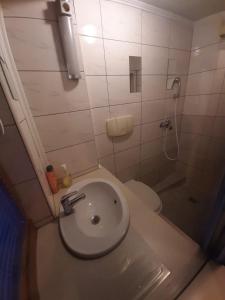 La salle de bains est pourvue d'un lavabo, d'une douche et de toilettes. dans l'établissement Apartments Emily, à Sarajevo
