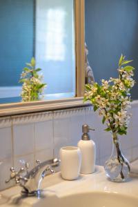 um lavatório de casa de banho com um vaso de flores e um espelho em La Masia Alt Penedès em Pontons