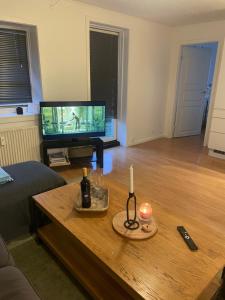 ein Wohnzimmer mit einem Couchtisch und einem TV in der Unterkunft 2 bedroom apartment near the sea in Tisvildeleje