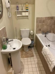 een badkamer met een toilet, een wastafel en een bad bij Private Bedrooms in Quaint Oxfordshire Village Cottage in Wantage