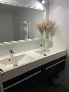 uma casa de banho com um lavatório branco e um espelho. em Apartament Skandynawski em Nowe Worowo