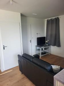 ein Wohnzimmer mit einem schwarzen Sofa und einem TV in der Unterkunft MAISON A in Saint-Jean-de-Thurigneux