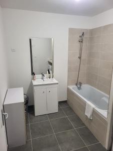 ein Badezimmer mit einer Badewanne, einem Waschbecken und einer Badewanne in der Unterkunft MAISON A in Saint-Jean-de-Thurigneux
