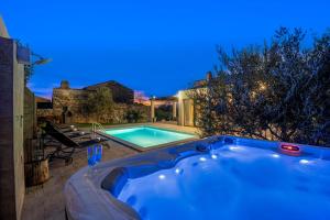 a blue hot tub in a backyard at night at Bobo Family house with pool in Vodnjan