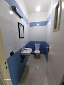 a blue and white bathroom with a toilet and a sink at Big Appartement with 3 bedrooms in Sale