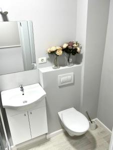 La salle de bains blanche est pourvue de toilettes et d'un lavabo. dans l'établissement Baneasa Luxury Apartaments, à Bucarest