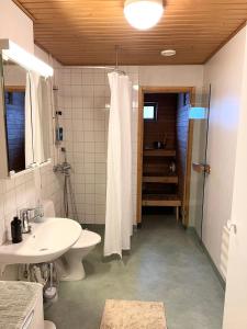 a bathroom with a sink and a toilet and a shower at Star of Annala in Tampere