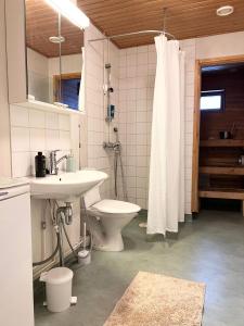 a bathroom with a toilet and a sink and a shower at Star of Annala in Tampere