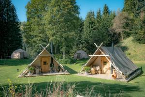 een paar yurt lodges in een veld bij Altipik - Lodges Insolites in Mont-Saxonnex
