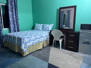 a bedroom with a bed and a chair and a mirror at SerenitHe in Negril