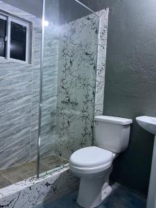 a bathroom with a toilet and a glass shower at SerenitHe in Negril
