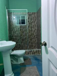 y baño con lavabo, aseo y ducha. en SerenitHe en Negril