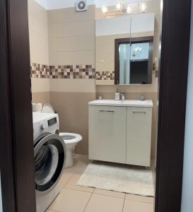 La salle de bains est pourvue d'un lave-linge et d'un lave-linge. dans l'établissement Urban Harmony Loft, à Bucarest