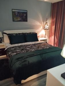 a bedroom with a bed with a green comforter at APARTMAN PARK in Šabac