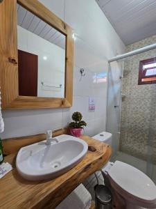 a bathroom with a sink and a toilet and a mirror at Pousada Morada dos Sonhos in Urubici