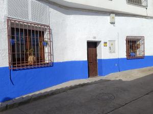 a blue and white building with two cats in windows at Rincones de Darío: Capítulo I in Campo de Criptana