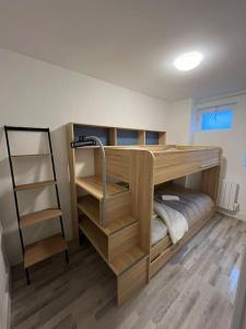 ein Schlafzimmer mit einem Etagenbett mit einer Leiter in der Unterkunft Gîte la perle rose 50 m² in Orchies