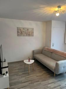 ein Wohnzimmer mit einem Sofa und einem Tisch in der Unterkunft Gîte la perle rose 50 m² in Orchies